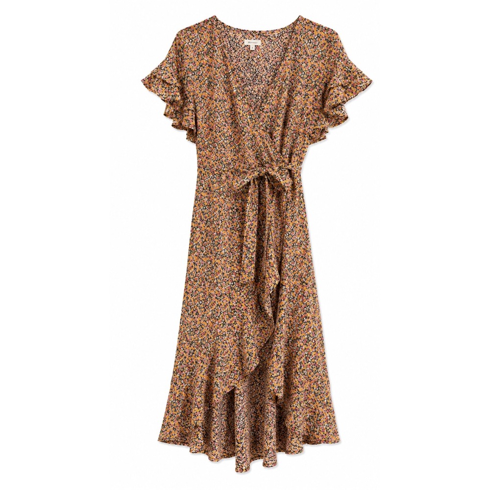 Max Studio Womens Small Floral Wrap Midi‎ Dress Flutter Sleeve Tie Waist Boho